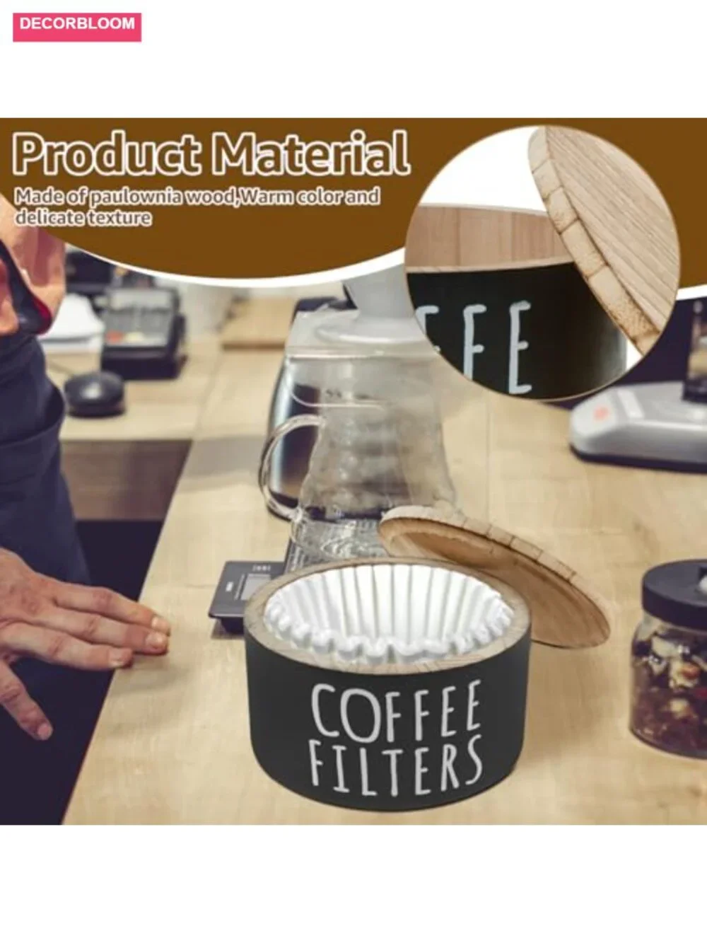 Wooden Coffee Filter Holder Storage with Bamboo Lid Rustic Organizer